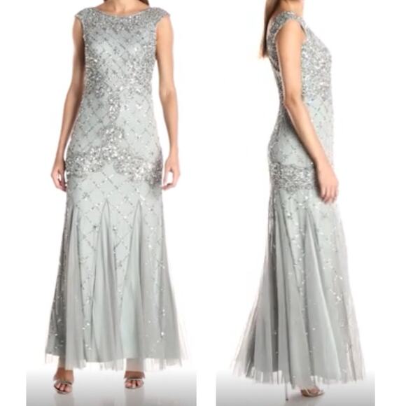 ADRIANNA PAPELL DRESS 10 GOWN SEQUIN BEADED LATTICE BLUE GRAY SLEEVELESS GODETS - Picture 3 of 16